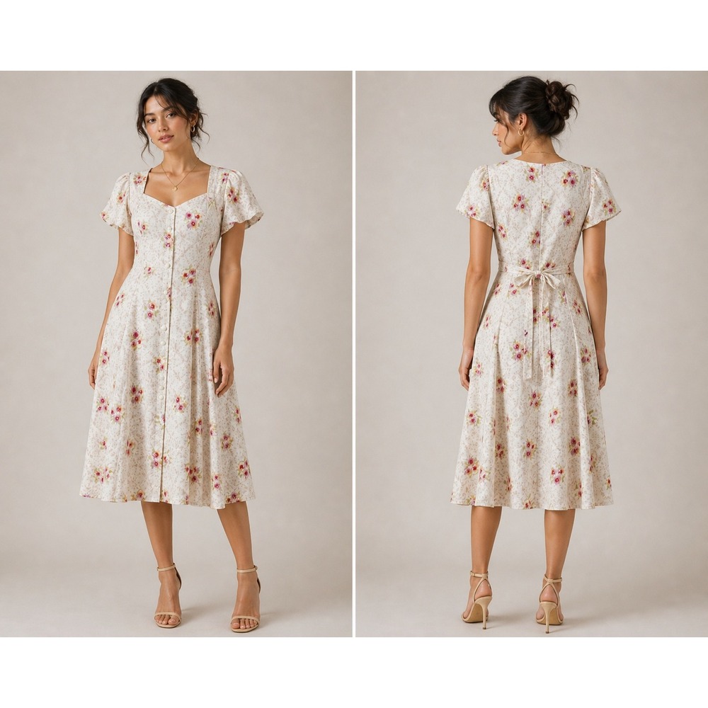 Caroline Wells Floral Midi Dress Cottagecore Boho Vintage 90s Cream Rayon Size 8